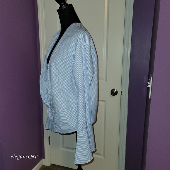 Fashion to Figure Blue/White Pinstripe knot Front L/S wrap shirt  Sz: 0X NWT - Picture 4 of 9